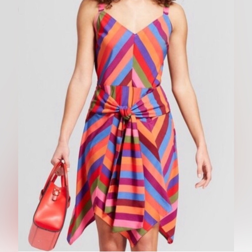 Pink Rainbow‎ Striped Asymmetrical Mini
Dress, Tie Waist